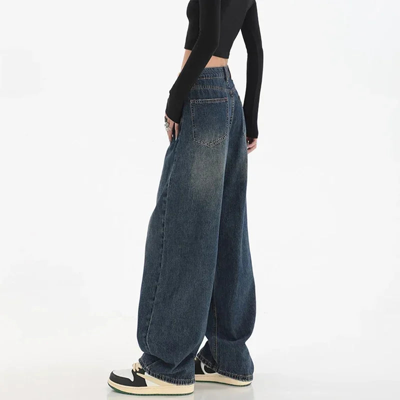 Pantalones vaqueros de cintura alta para mujer, ajustados, de pierna ancha, estilo urbano, estilo Y2k, años 2000, holgados, negros y azules