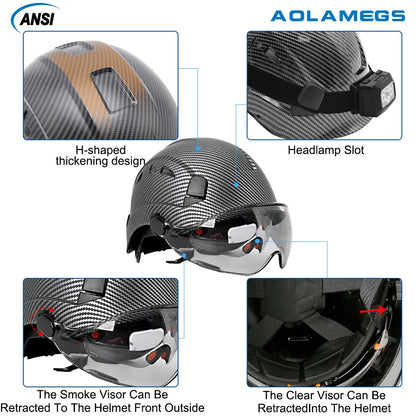Casco de seguridad con patrón de fibra de carbono y gafas de doble visera para ingenieros, casco de seguridad CE ANSI ABS, gorra de trabajo industrial, rescate