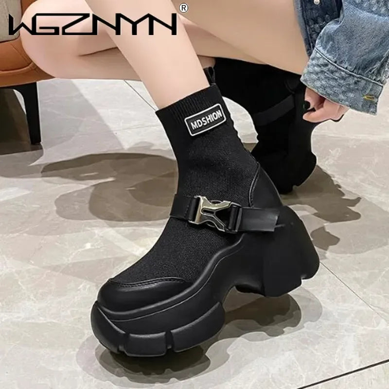 Botines de plataforma alta de 8 cm para mujer, botas cortas con suela gruesa y suela gruesa, antideslizantes, para motocicleta, para otoño
