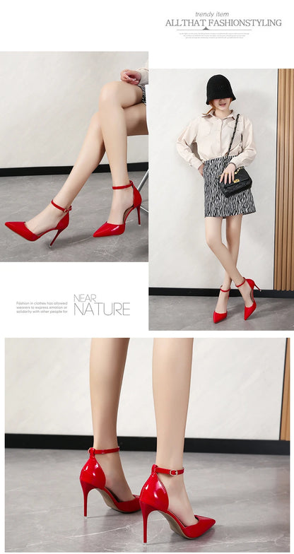 Super Big Size 45 High Stiletto Heel Women Sandals Crystals Buckle Strap Pointed Toe Fashion 10cm/3.94inch Thin Heel Pimp