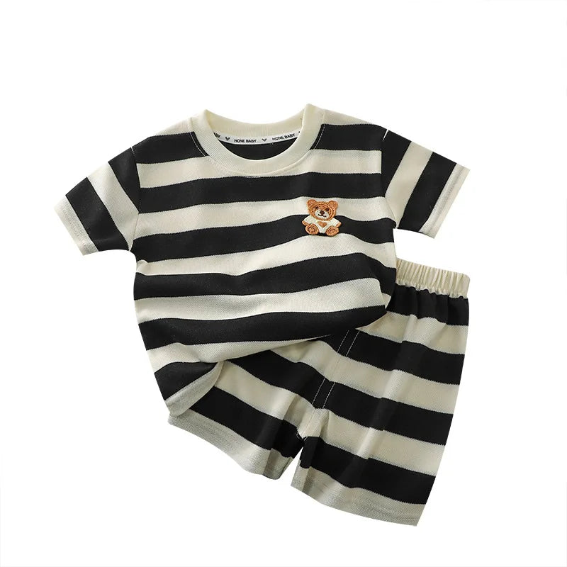 Ropa para niños, traje de manga corta, camiseta a rayas y pantalones cortos, camiseta de 2 piezas, ropa de verano para bebés, ropa para niños y niñas