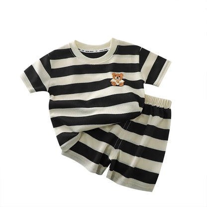 Ropa para niños, traje de manga corta, camiseta a rayas y pantalones cortos, camiseta de 2 piezas, ropa de verano para bebés, ropa para niños y niñas
