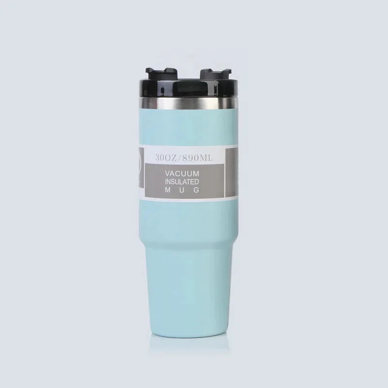 Vaso portátil de acero inoxidable de 30 oz con aislamiento para coche, con pajita y doble pajita para bebidas frías, ideal para usar en el vehículo.
