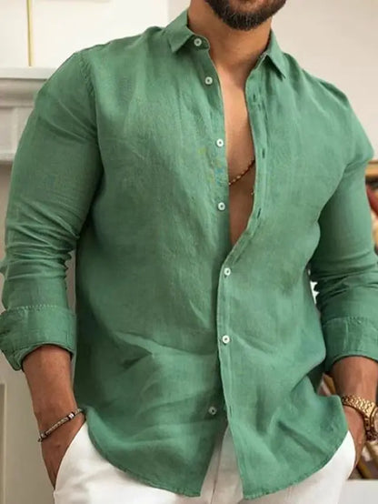Camisa lisa de lino y algodón de color liso para hombre, camisa clásica de manga larga con solapa y botones, holgada, a la moda para primavera y verano