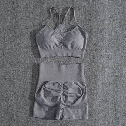 Conjuntos de dos piezas para mujer, pantalones cortos color melocotón, chándal femenino, conjunto de gimnasio, pantalones cortos de fitness con cuello halter, sujetador push up de verano