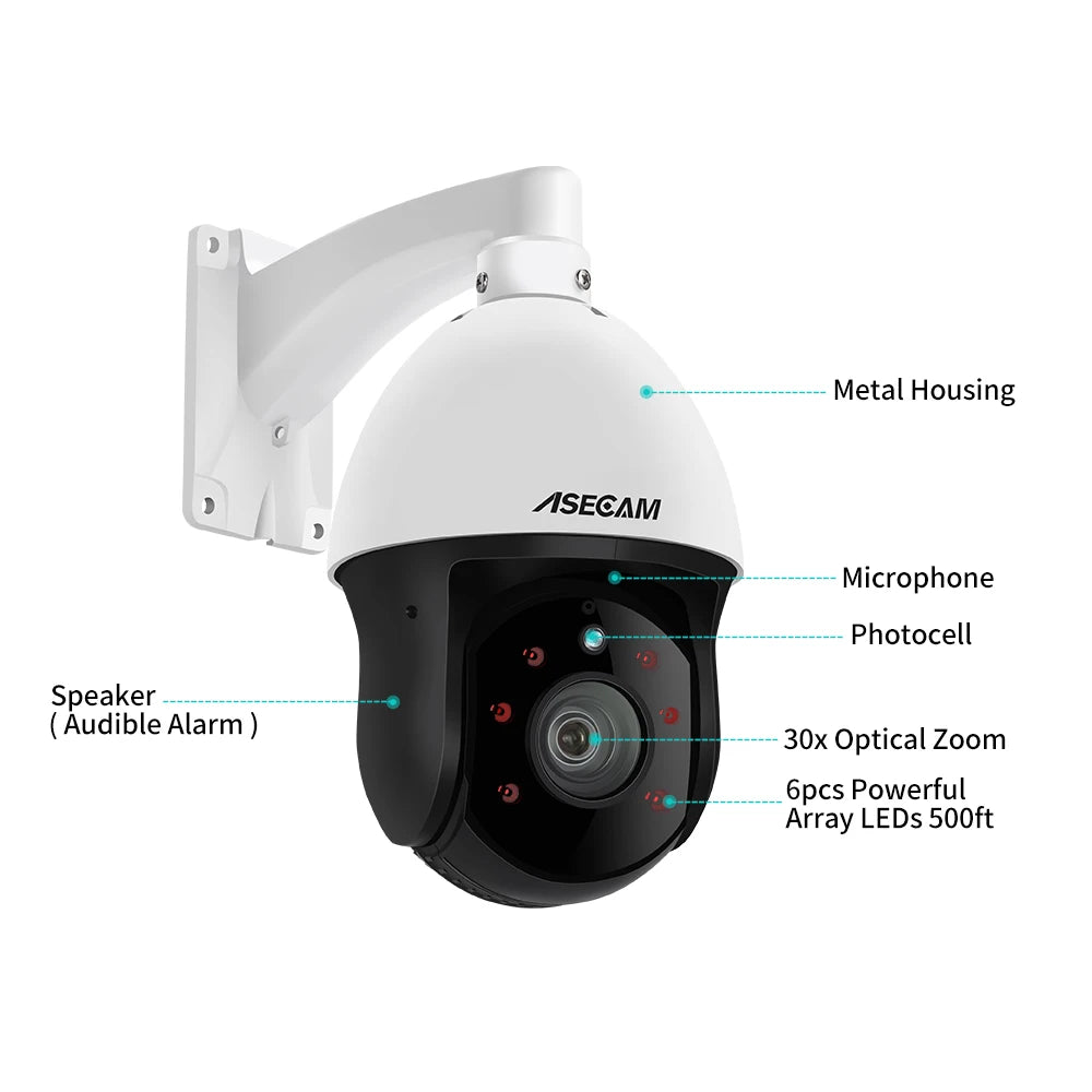 Cámara IP exterior 4K de 8 MP con PTZ, zoom 30x, varifocal, Onvif, H.265, domo, PoE, audio, IMX415, protocolo Hikvision.