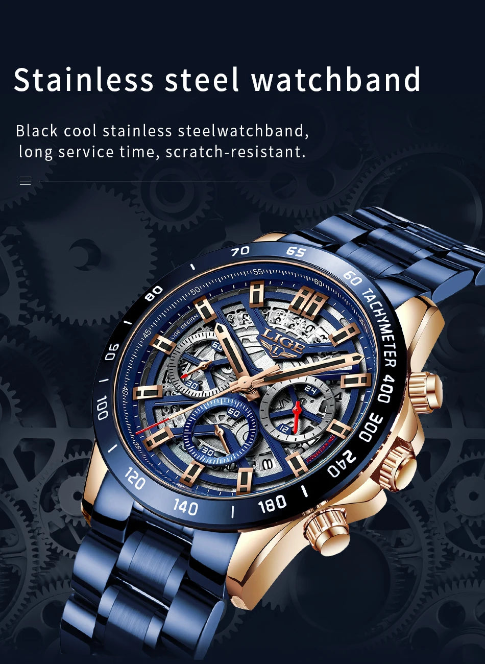 LIGE 2024 Nuevo Reloj para Hombre, Marca Top, Lujo, Hueco, Reloj para Hombre, Impermeable, Deportivo, Cuarzo, Cronógrafo, Reloj de Pulsera para Hombre, Relogio Masculino