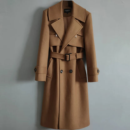 Gabardina cruzada de otoño para hombre, mezcla de lana de invierno, de alta calidad, a la moda, con cremallera, informal, ajustada, de color liso.