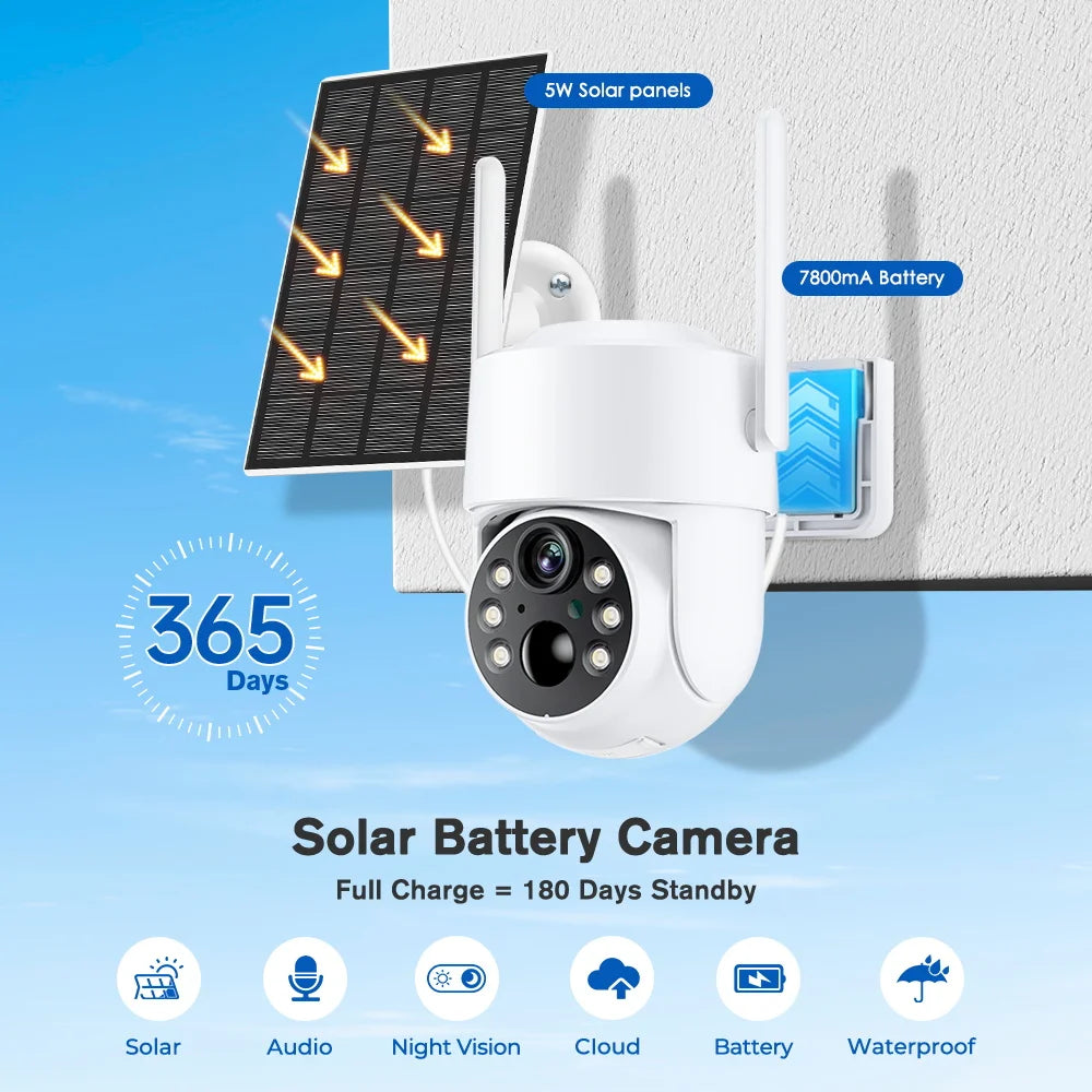 Cámara solar inalámbrica HD de 8 MP para exteriores, WiFi, PTZ, IP, con batería integrada, videovigilancia y larga duración de la batería. Compatible con la aplicación iCsee.