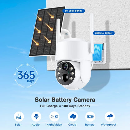 Cámara solar inalámbrica HD de 8 MP para exteriores, WiFi, PTZ, IP, con batería integrada, videovigilancia y larga duración de la batería. Compatible con la aplicación iCsee.