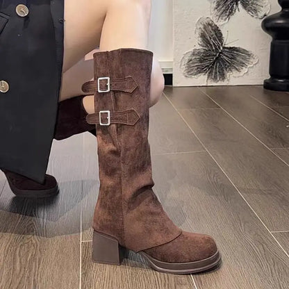 Botas vintage para mujer, con hebilla de cinturón extraíble, para otoño e invierno, con tacón grueso, elegantes y largas.
