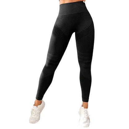 Pantalones de yoga de punto de cintura alta para mujer, pantalones largos de fitness, tejido integrado, banda elástica, pantalones deportivos, populares, efecto melocotón en los glúteos.
