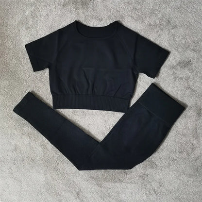 Conjunto de yoga fitness sin costuras para mujer, ropa deportiva de cintura alta, leggings, pantalones cortos de dos piezas, ropa de gimnasio para mujer