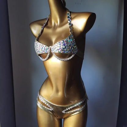 Sparkling Rhinestones Swimsuit for Women Padded Bathing Suit Halterneck Swimsuit