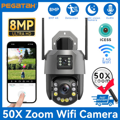 Cámara PTZ de 8 MP con zoom 50x, Wi-Fi, doble lente, 4K, zoom 20x, cámara de vigilancia exterior, visión infrarroja de largo alcance (120 m), compatible con ONVIF.