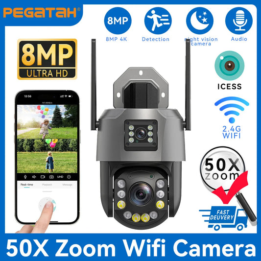 Cámara PTZ de 8 MP con zoom 50x, Wi-Fi, doble lente, 4K, zoom 20x, cámara de vigilancia exterior, visión infrarroja de largo alcance (120 m), compatible con ONVIF.