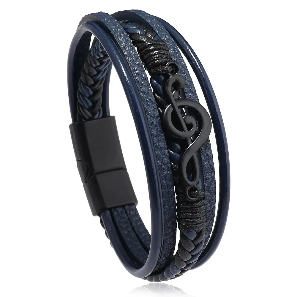 Pulseras para hombre, nuevas pulseras retro creativas con símbolo musical, pulseras sencillas de cuero multicapa con hebilla magnética, joyería