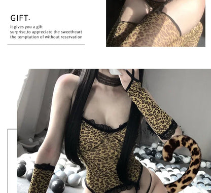 Erotic Sexy Lingerie Bodysuit Women Teddy Leopard Cat Girl Cosplay Costumes Anime Maid Love Live Temptation Uniform with Socks
