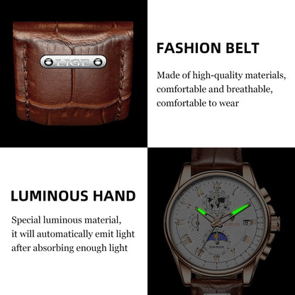 LIGE 2024 - Nuevo reloj de cuero azul para hombre, marca de lujo, resistente al agua, deportivo, con fecha, de cuarzo, Masculino
