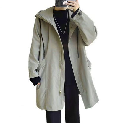 Abrigo cortavientos para hombre con capucha, manga larga, cierre de cremallera, bolsillos, color liso, corte holgado, largo medio.