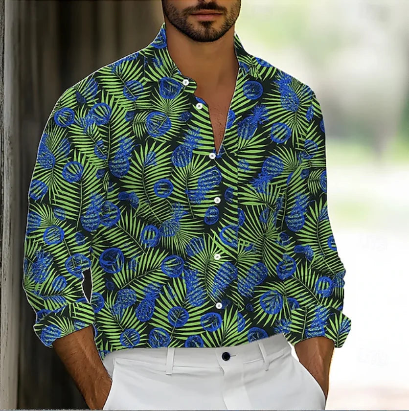 Camisa de hombre abotonada, estilo casual, primavera/verano, estampado 3D de hojas y flores, manga larga, cómoda y a la moda para el día a día.