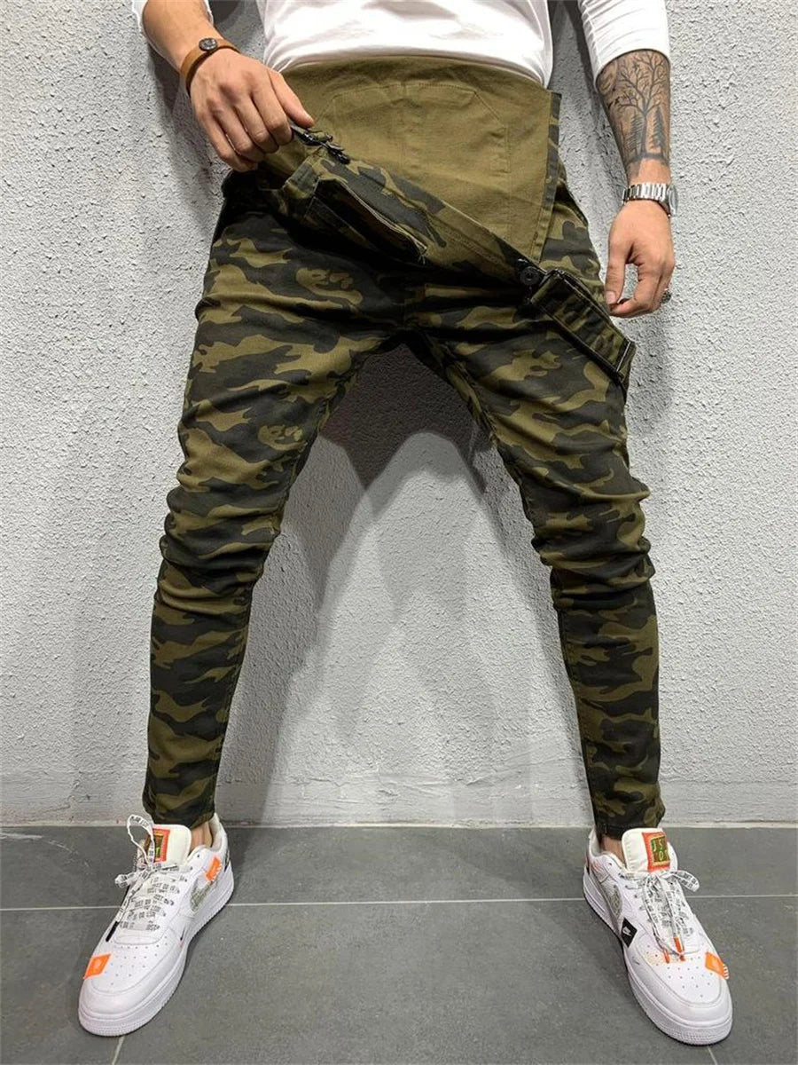 Mono de camuflaje para hombre, estilo urbano, con múltiples bolsillos, corte ajustado, pantalón cargo vaquero, peto vaquero, estilo casual.
