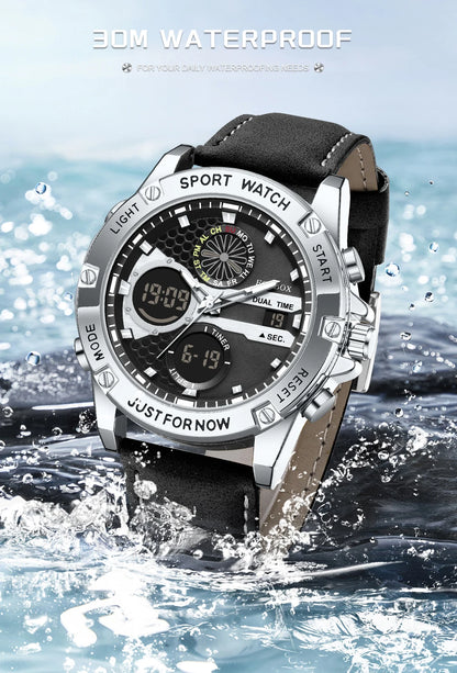 FOXBOX Relojes de lujo de moda para hombre, reloj de pulsera luminoso resistente al agua con fecha y doble horario para hombre, relojes de cuarzo para hombre, relojes masculinos