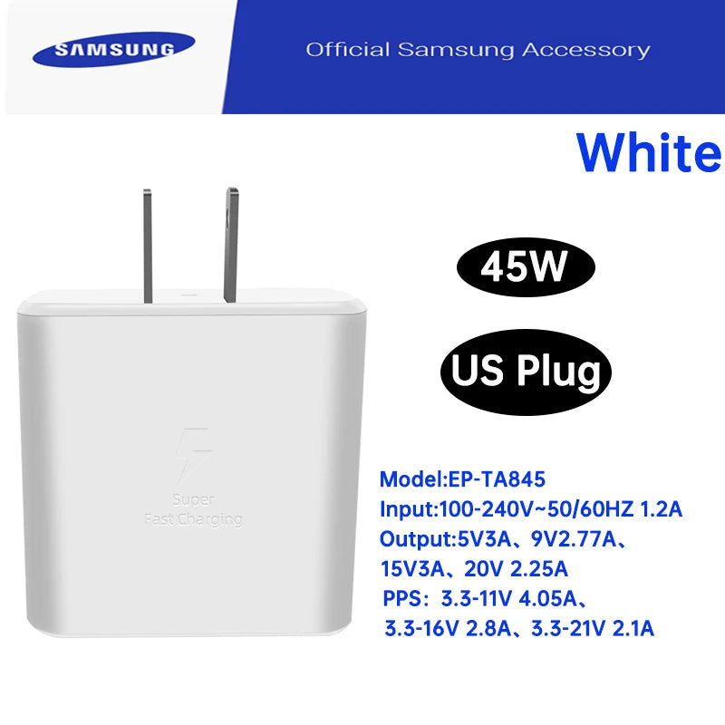 Cargador adaptador de corriente Samsung Ep-TA845 de 45 W, supercargador USB tipo C, carga rápida para Galaxy S25 Ultra, S24+, S23, A36, A56, M56, Tab S10+