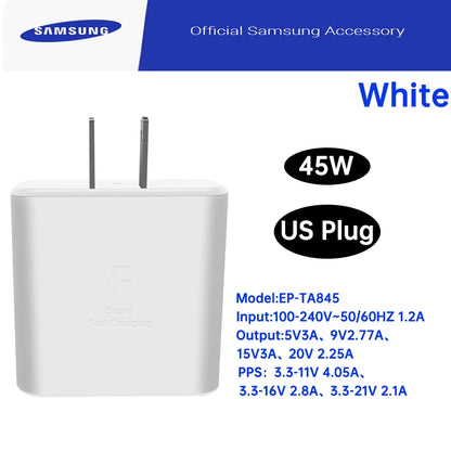 Cargador adaptador de corriente Samsung Ep-TA845 de 45 W, supercargador USB tipo C, carga rápida para Galaxy S25 Ultra, S24+, S23, A36, A56, M56, Tab S10+