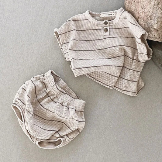 Ropa para niños de 0 a 3 años, conjunto de camiseta y pantalones cortos de algodón puro a rayas de verano, conjunto de manga corta para niñas y vacaciones en la playa