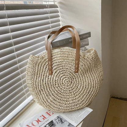 Bolsos de paja redondos de verano para mujer, bolso de hombro de ratán, bolso de playa tejido a mano para viaje, bolso de mano femenino de gran capacidad