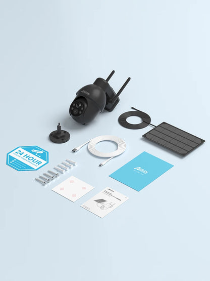 Cámara de seguridad inalámbrica solar ANRAN de 3 MP para exteriores con WiFi, audio bidireccional, resistente al agua IP66, visualización remota, flash y foco.