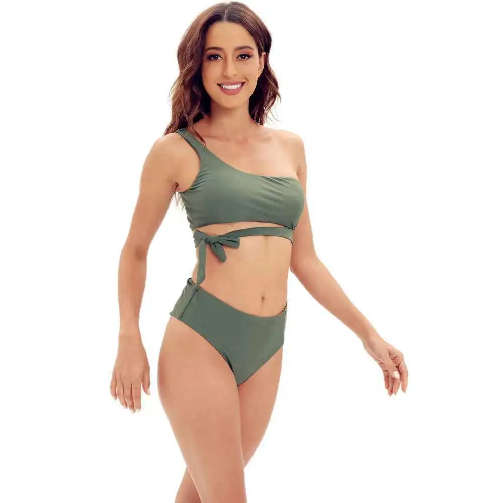 Bikini de un solo hombro para mujer, traje de baño dividido, color liso, traje de baño de playa de verano, traje de baño para mujer
