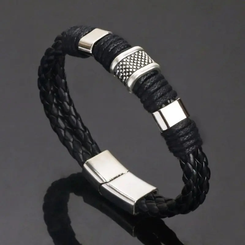 Pulseras vintage de cuero marrón para hombre, brazalete de cuerda trenzada multicapa de acero inoxidable, regalo para marido.