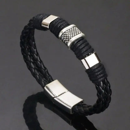 Pulseras vintage de cuero marrón para hombre, brazalete de cuerda trenzada multicapa de acero inoxidable, regalo para marido.