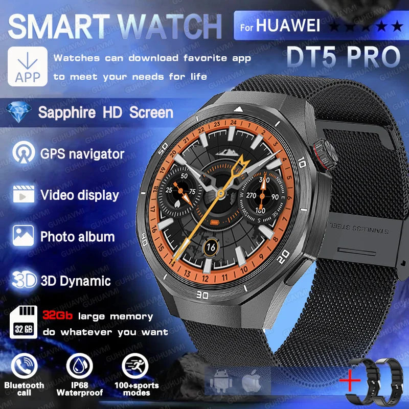 Reloj inteligente HUAWEI DT5 Pro con memoria de 32 GB, música local, llamadas Bluetooth, rastreador GPS, brújula, menú 3D, Bluetooth, para hombres y mujeres (2025)