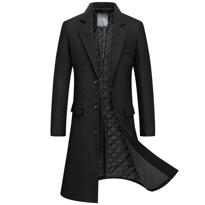 Black Men Wool Long Trench Coat Stylish Single Breasted Quilted Lined Wool Blend Pea Coats Men Winter Cashmere Coat Windbreaker