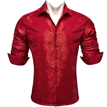 Camisas de seda de diseño para hombre en azul, dorado, verde, rojo, blanco y negro. Estampado cachemir bordado. Corte ajustado. Blusas casuales de manga larga.