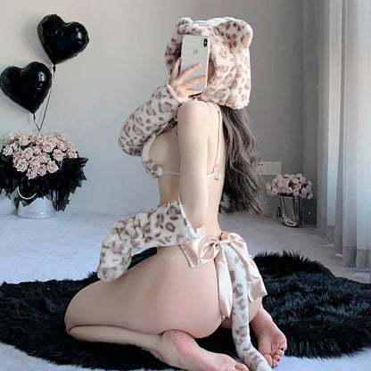Anime Cute Girl Cosplay Cat Costume Polka Dots Tiger Three-point Plush Suspenders Women Sexy Lingerie Pajamas Cosplay Set