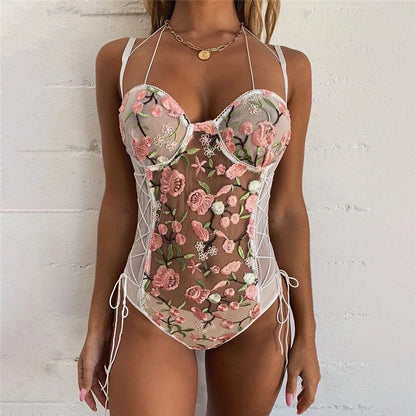 Body de encaje bordado para mujer, lencería sexy, ropa interior de una pieza con tirantes finos, espalda descubierta, conjunto de sujetador sexy, peleles.