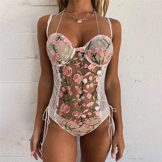 Body de encaje bordado para mujer, lencería sexy, ropa interior de una pieza con tirantes finos, espalda descubierta, conjunto de sujetador sexy, peleles.