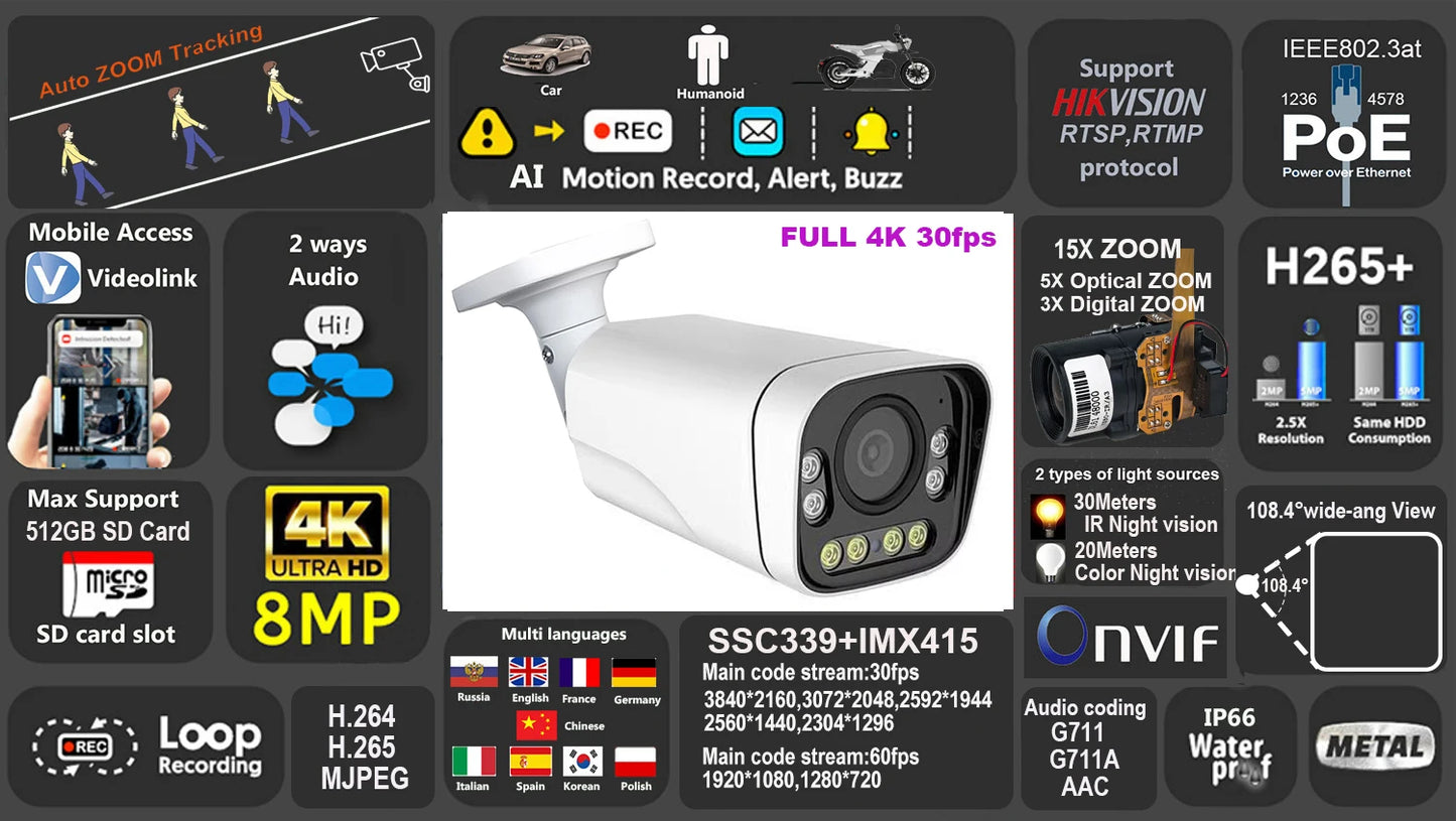 Cámara IP 4K 8MP WIFI con zoom 15x, seguimiento, PoE, protocolo RTMP Hikvision, tarjeta SD/TF de 512 GB, infrarrojos de 30 m, visión nocturna a color de 20 m