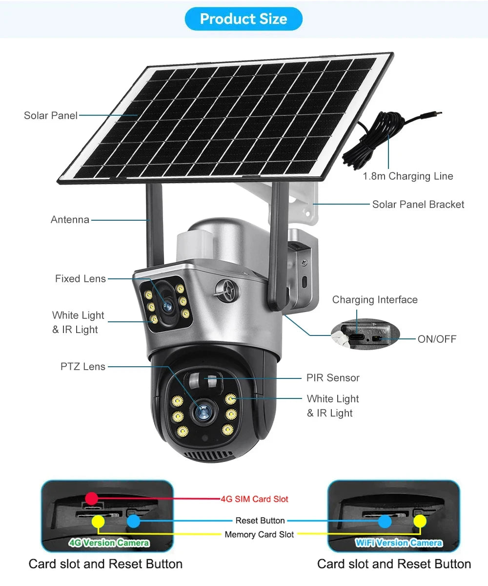 Cámara de seguridad CCTV V380 Pro 4K 8MP con 2 lentes, WiFi 4G, energía solar, visión nocturna PIR para exteriores, IP66, batería de bajo consumo.
