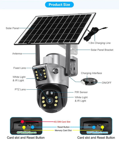 Cámara de seguridad CCTV V380 Pro 4K 8MP con 2 lentes, WiFi 4G, energía solar, visión nocturna PIR para exteriores, IP66, batería de bajo consumo.