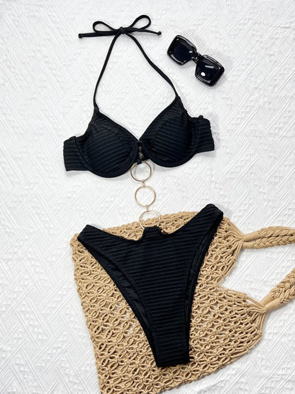 Vigoashely 2025 Women Sexy Black Hollow Swimwear Tied Halter Push UP One Piece Swimsuit Monokini Lady Push UP Beach Bathing Suit