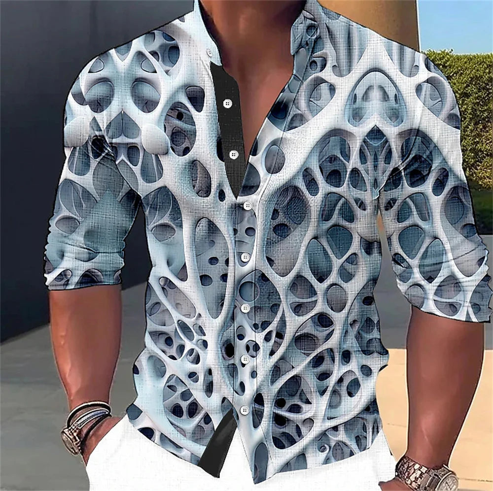 Camisa de manga larga para hombre con estampado abstracto 3D, cuello alto y botones. Diseños de moda urbana. Ropa de hombre.