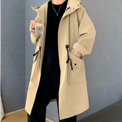 2025 Spring Autumn  Green Windbreaker Fashion Men Mid-length Casual Hooded Coat Men Daily High Street Overcoat Male Clothes