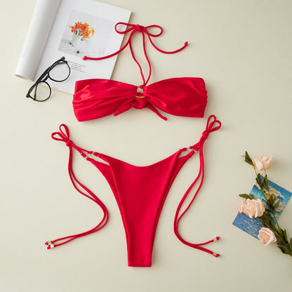 2025 Women's Patchwork Summer Bikini Set Solid Color Metal Ring Strapless Bra with Tie-up Low Waist Shorts 2 Pcs Swimsuit