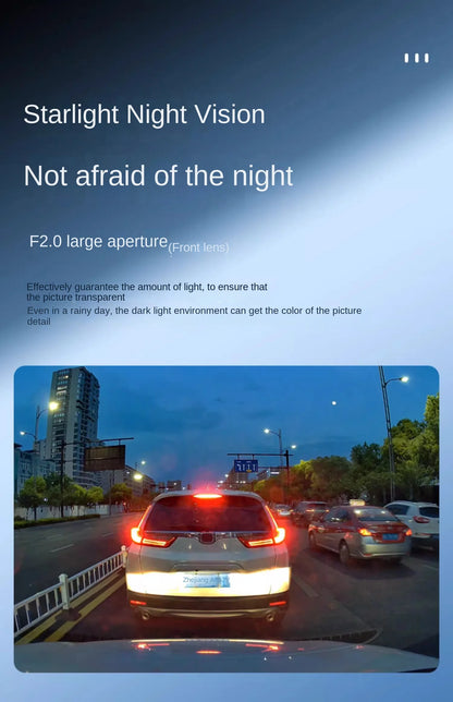 Grabadora de salpicadero Hikvision con cámara dual delantera y trasera, visión nocturna Starlight y pantalla de 3 pulgadas.