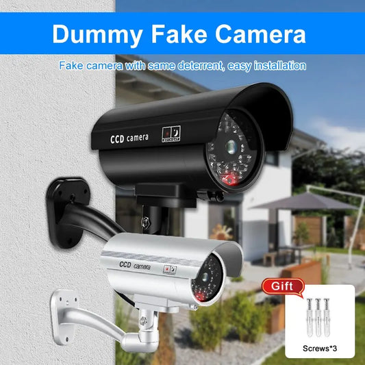 Cámara de seguridad ficticia impermeable para interiores y exteriores, sistema de vigilancia CCTV falso, luces LED rojas intermitentes, sin cableado.